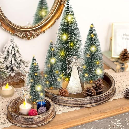 Mini Christmas Tree with Lights Set of 4 - Bottle Brush Trees with Wooden Base