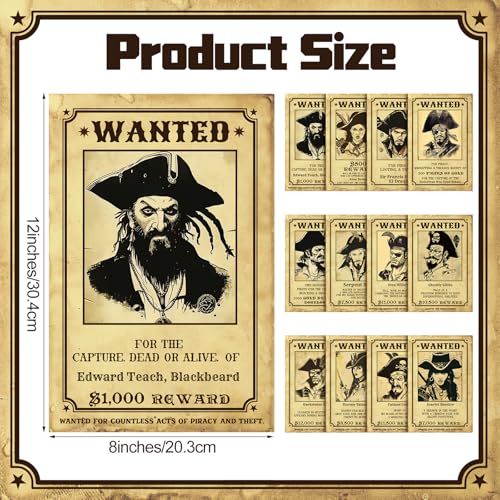 Pirate Wanted Poster Set - Halloween Party Decor Prop - 12 pcs 8x12 Inches - Pirate Theme