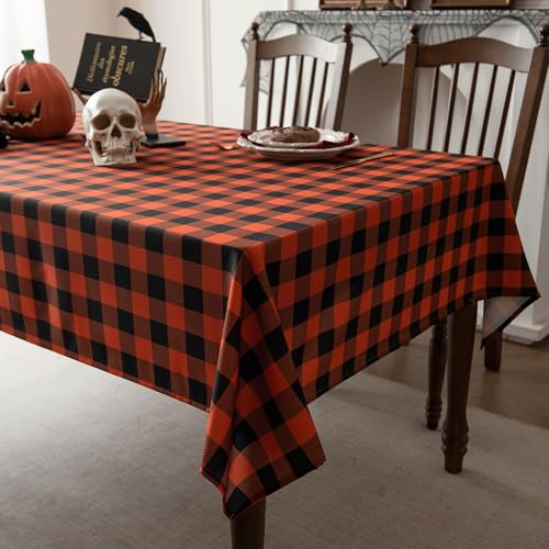 Waterproof Gingham Tablecloth - Pumpkin Orange Black 70x52 Inch Fall Festive Cover