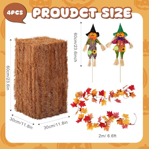 Fall Thanksgiving Hay Bales Set with Scarecrow & Maple Leaf Garland - Weatherproof Decor