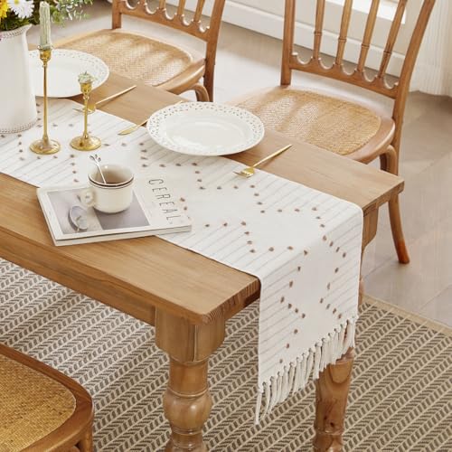 Boho Table Runner 14x48 Inch Taupe/Ivory Woven Home Decor with Fringed Edges