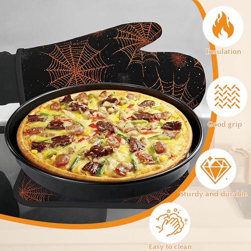 Halloween Spider Web Oven Mitts and Pot Holders Set - Heat Resistant Kitchen Decor, 4 Piece Halloween Kitchen Accessories