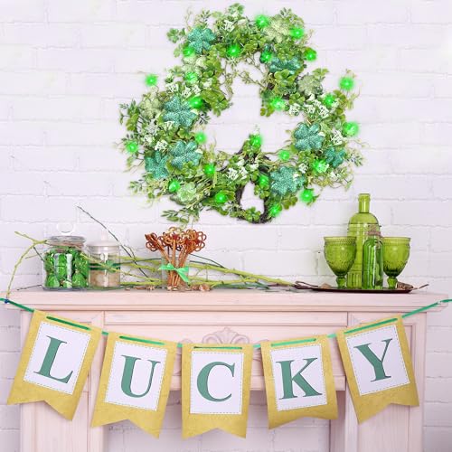 Green 15-Inch Shamrocks Wreath for St. Patrick's Day Front Door Decor - Artificial Clover Garland
