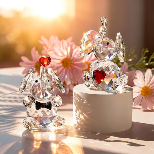 Couple Crystal Elephant Figurines Gift Set - 3.5 Inch Glass Animals Statues