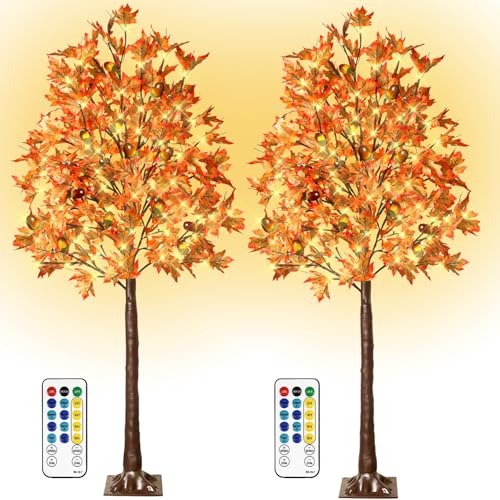 2 Pack 6Ft 130 LED Fall Maple Tree with 8 Flashing Modes Dimmable Thanksgiving Decor