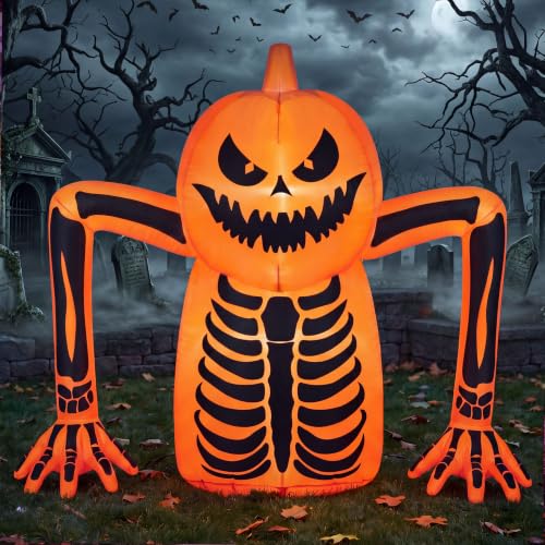 Halloween Pumpkin Skeleton Inflatable Decoration with LED Lights - Orange Skeleton, 5.5FT