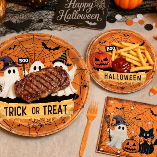 Halloween Ghost Tableware Set - Orange & White Trick or Treat Plates & Napkins