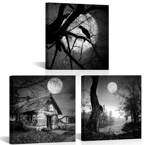 Nachic Wall Spooky Forest Canvas Wall Art - Black Halloween Gothic Decor - 3 Pieces