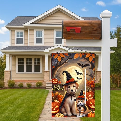 Halloween Garden Flag 12x18 Dog Cat Pumpkin Welcome - Variation 08