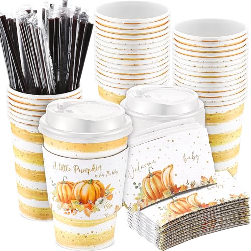 Pickmesh Pumpkin Orange 50 Piece 12oz Fall Coffee Cups Set with Lids Sleeves Stirrers