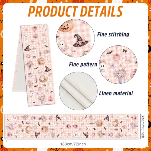 Pink Halloween Ghost Table Runner - Cute Gingham Party Decor, 13x72 inches - Variation of Pink Ghost