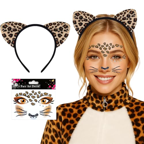 Leopard Cat Ears Headband with Face Jewels Halloween Costume Accessories for Women - Variation: Leopard Cat