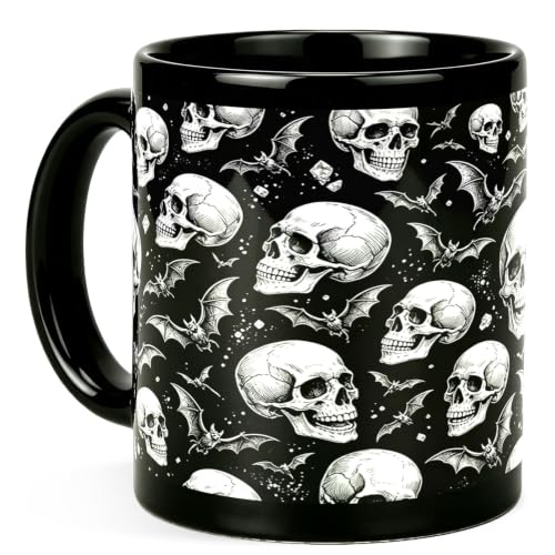 Halloween Skull Mug - Gothic Spooky Skeleton Ceramic Black Cup 11oz - Skull Mug Variation