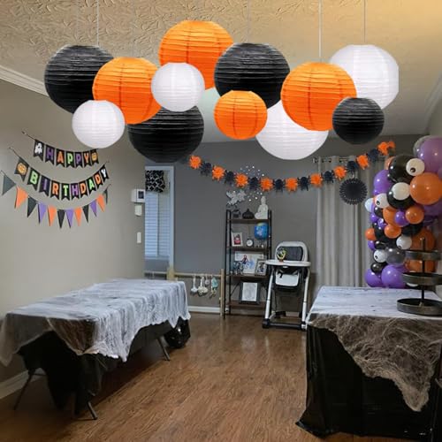Halloween Paper Lanterns Set - Black, Orange, White 12pcs Decorative Hanging Decorations