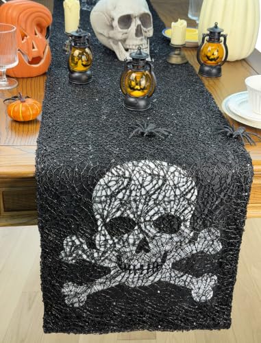 Halloween Skull Table Runner 14x72 Inch Sequin Skeleton Decor for Dining Table