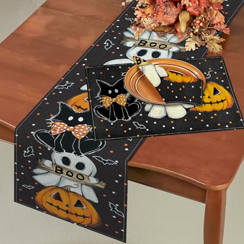 Halloween Table Runner 13x108 Inches Spooky Pumpkin Web Decor for Kitchen & Dining - Black