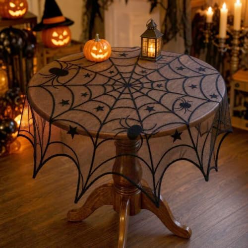 Halloween Spider Web Tablecloth Set - 54x72 Rectangular & 42 Inch Round Black Lace Decor