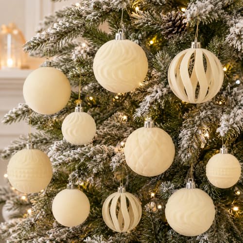 Beige Velvet Christmas Ornaments Set - 36 Pcs Flocked Holiday Tree Decor