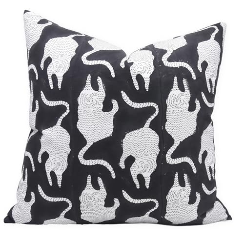 22x22 Black Cotton Throw Pillow Cover - Handmade Block Print Cushion Case for Sofa Bed