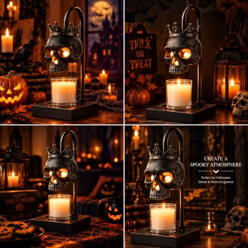 Gothic Skull Candle Warmer Lamp with Timer & Dimmer - Adjustable Height, Flameless Wax Melter