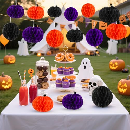 Halloween Honeycomb Hanging Decorations Set - Orange Purple Black, 15 Pieces - Halloween Style