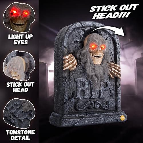 ELAMAS Halloween Animatronic Zombie Tombstone - 1 Pack, Sensor-Activated Skeleton Decor with Creepy Sound, Light Up Eyes, Outdoor Indoor Spooky Prop