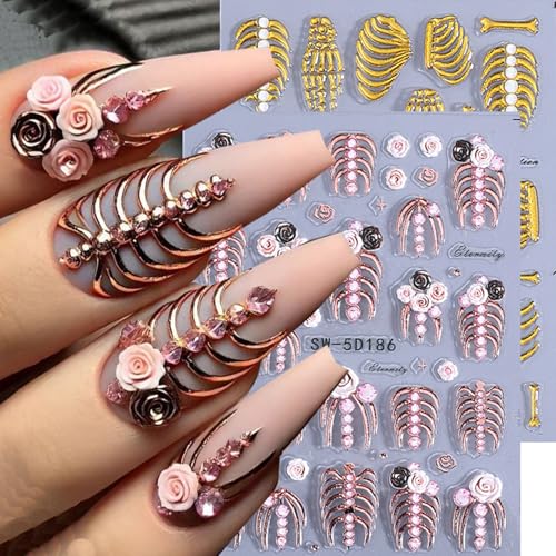 Halloween Nail Stickers 5D Embossed Skull Rose Skeleton Hand Ribs Decor - Rose Skull Variation