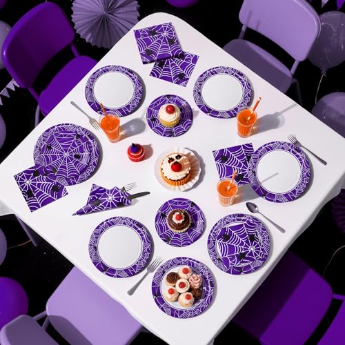 Purple Halloween Party Decorations Set - Spider Web Plates & Napkins - Variation of THIS listing