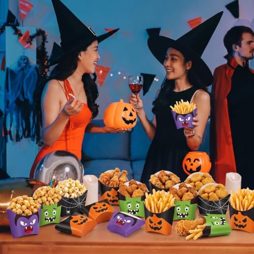 Halloween French Fries Holder Set - 40 Pcs Spooky Snack Cups with Monster, Vampire, Pumpkin & Spider Web Designs