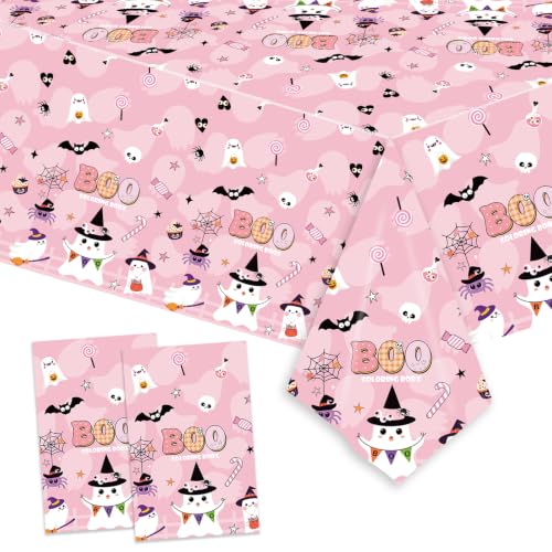 Pink Boo Halloween Plastic Tablecloth - 2PCS Rectangular Disposable Spooky Party Cover - Pink, Ghosts & Bats - 108x54 Inches - Halloween Variation