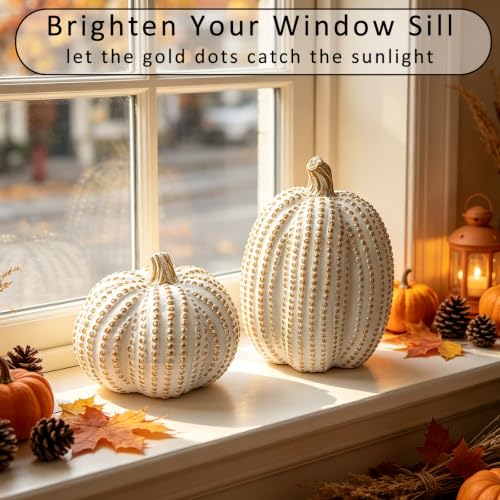 White Gold Pumpkins Decor Set - 2PCS Fall Resin Pumpkin Figurines with Dots & Bead Details - Gold Dots Variation