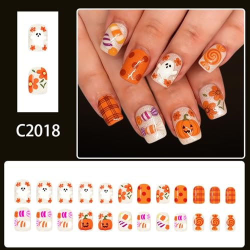 Halloween Press On Nails Short Square Nails with Pumpkin Ghost Designs - Pattern W16, 24 Pcs