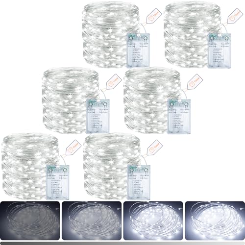 Cool White Fairy Lights Battery Operated 6 Pack 33FT 100LED USB & AA Powered Dimmable Indoor Wedding Decor