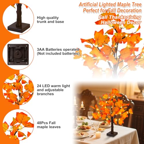 2 Pack Lighted Fall Maple Trees for Thanksgiving & Autumn Decor - Battery Operated, 24 Inch