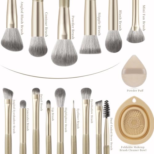 Champagne Real Perfection 14-Piece Makeup Brush Set with Silicone Cleaner & Powder Puff