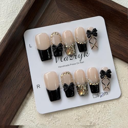 Black French Tip Medium Square Handmade Acrylic Press-On Nails - Edgy Nail Art Variation M