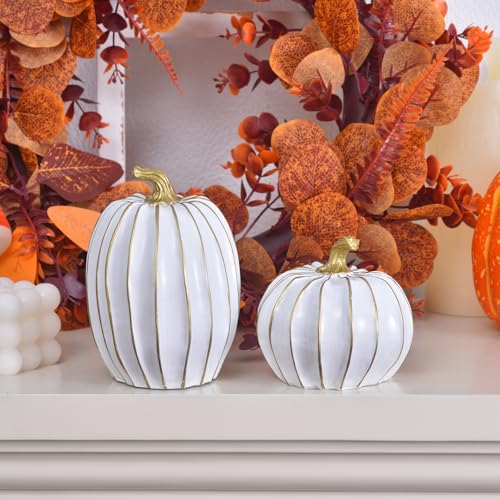 White Fall Pumpkin Decor Set - 2 Resin Pumpkins with Gold Stems for Home