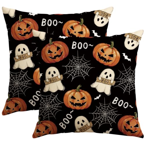 Black Halloween Ghost Throw Pillow Covers 20x20 Set of 2 - Spooky Cushion Decor