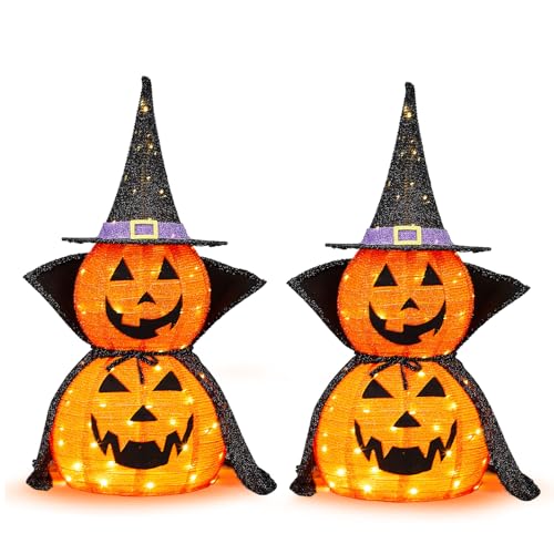 Halloween Collapsible Pumpkin Decoration Set - 2PC 3FT LED Lantern with Star Cap & Black Cloak