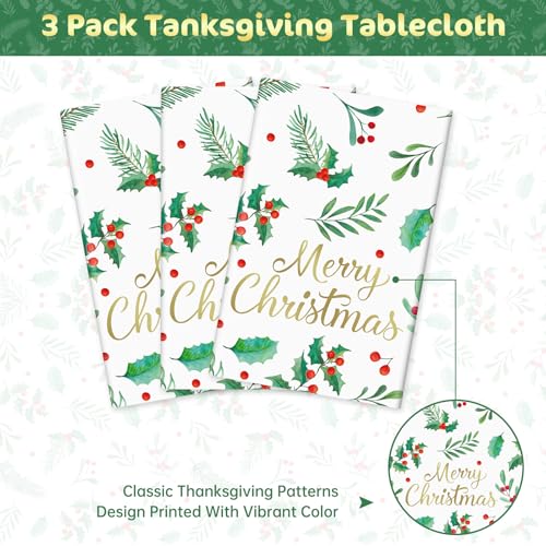 Christmas Disposable Rectangular Tablecloths 3 Pack - Holly Leaves & Red Berries, 54x108 Inch - Holiday Party Decorations