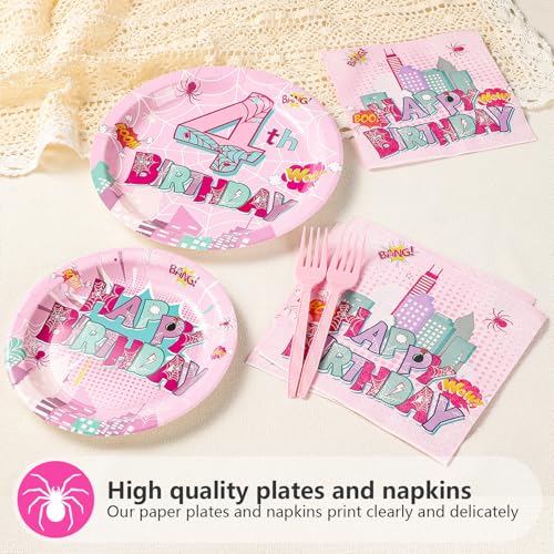 Pink Spider 4th Birthday Party Plates & Decorations - Serves 24 - Variation of Pink Web 4th Plates Kit