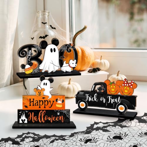Halloween Wooden Table Signs Set - Pumpkin Ghost Truck & Happy Halloween Decor
