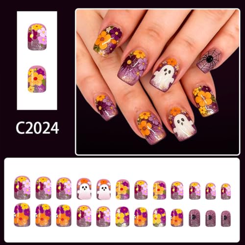 Halloween Short Square Fake Nails with Ghost & Flower Designs - 24 Pcs Plus Variation 25