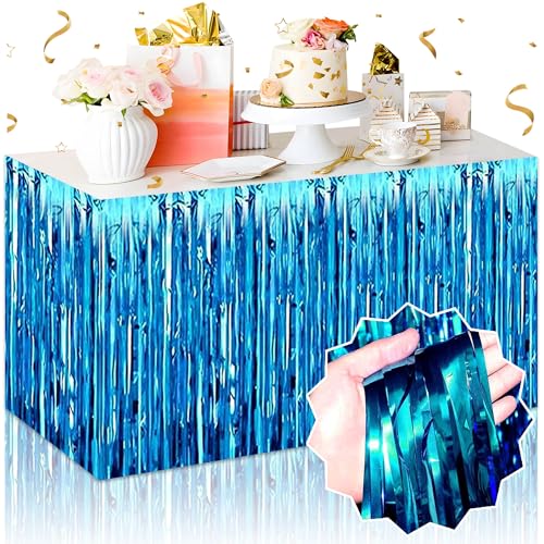 Lake Blue Foil Fringe Table Skirts 3 Pack - Metallic Tinsel Streamers for Party Decor