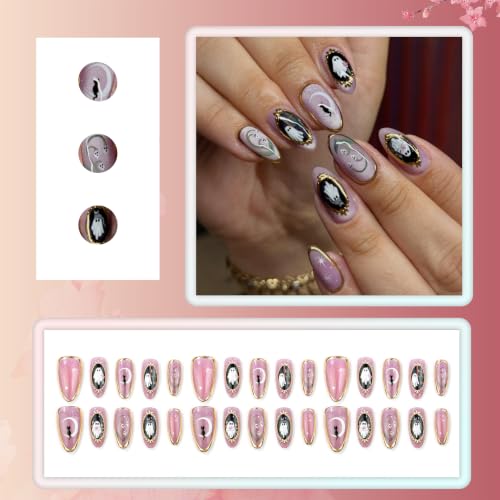 Halloween Press On Nails Set - Medium Almond Fake Nails with Ghost Skull Cat Moon Design, Glitter, Style11