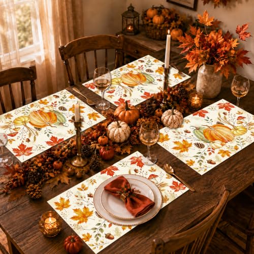 Fall Pumpkin Paper Placemats Set - Thanksgiving Maple Leaves Table Mats - 50 Pack