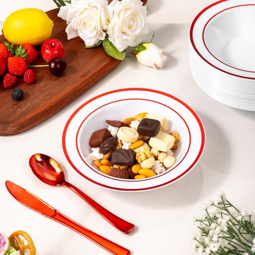Disposable Plastic Bowls with Red Rim - 50 Pack, 12oz Food-Grade, BPA-Free