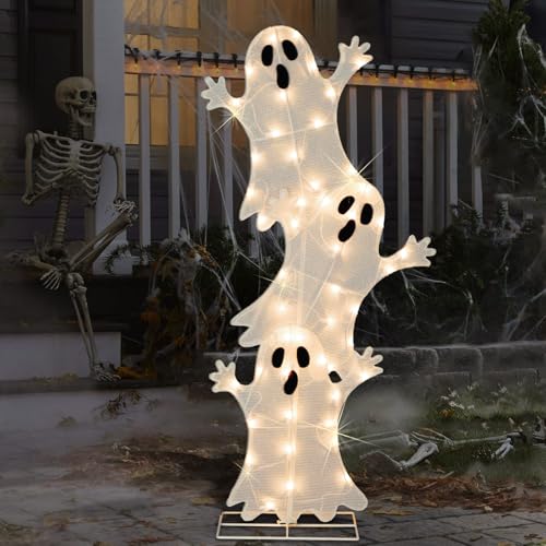 Ghost Halloween Lighted Decoration - 3 Stacked Ghosts with Warm White Lights - Indoor Outdoor Yard Porch - Variation of Ghost