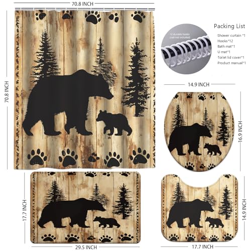 Rustic Bear Shower Curtain Set - Nursery Farmhouse Bathroom Decor with Bath Mat & Toilet Cover - Black Bear Woodland Theme - Variation of THIS listing
