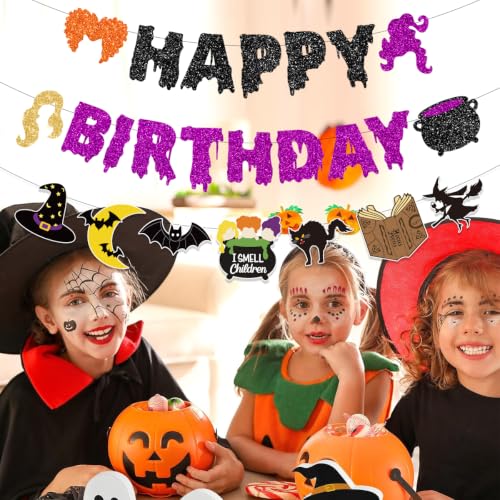 Halloween Birthday Banner Decorations Witches Glitter Black - 3 Pack